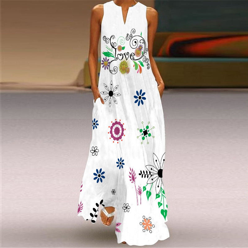 Floral Sleeveless Beach Summer Long Dress Women 2021 Casual Dress Lady V Neck Dress Elegant Women Maxi Dress