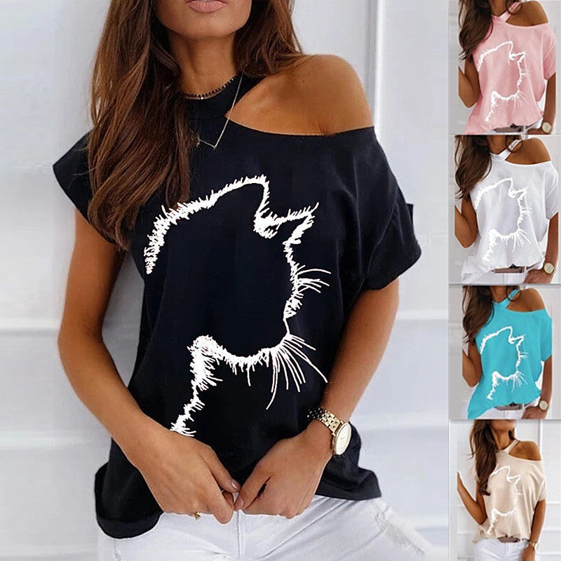 Plus Size Off Shoulder Summer T-shirt Cat Print Casual Short Sleeve O-neck Pullovers Fashion Street Tops