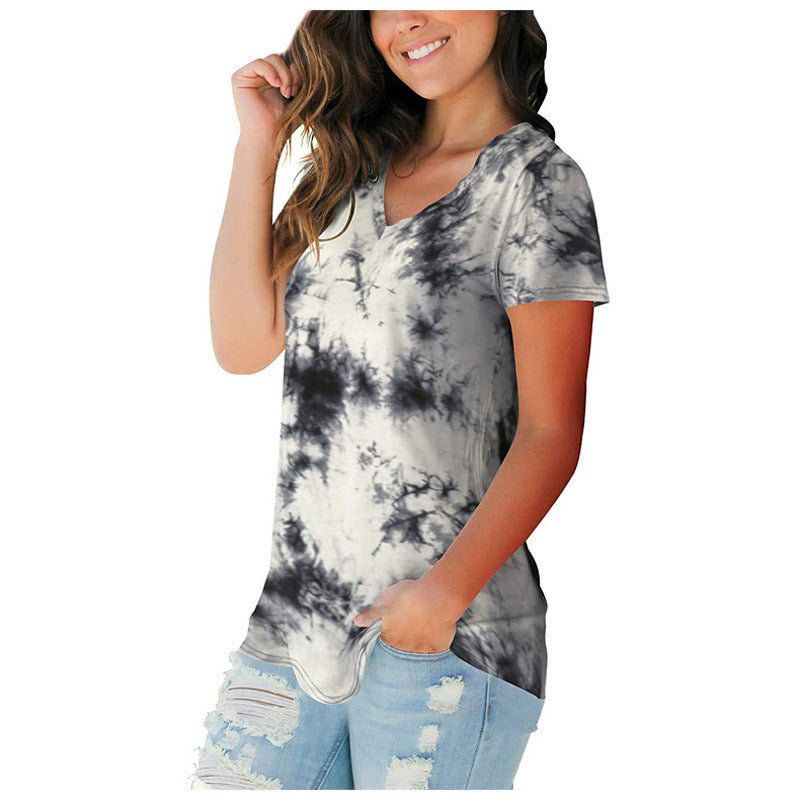 Middle long Casual Loose  V neck Sexy Women Tie Dye t shirts