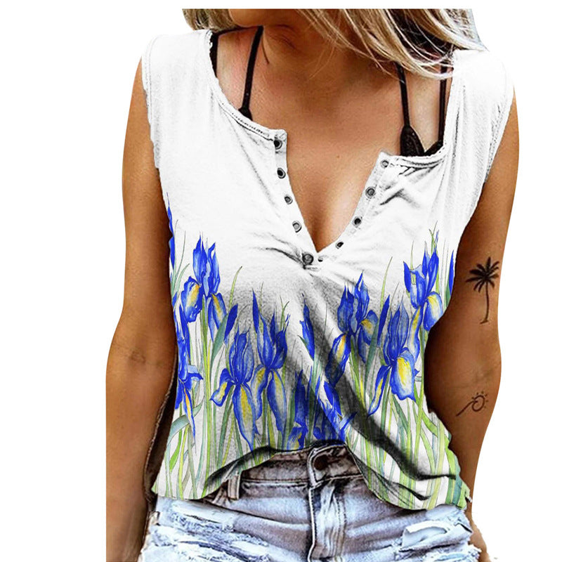 Colorful Floral Print V Neck Cotton-Blend Sleeveless Casual Tops