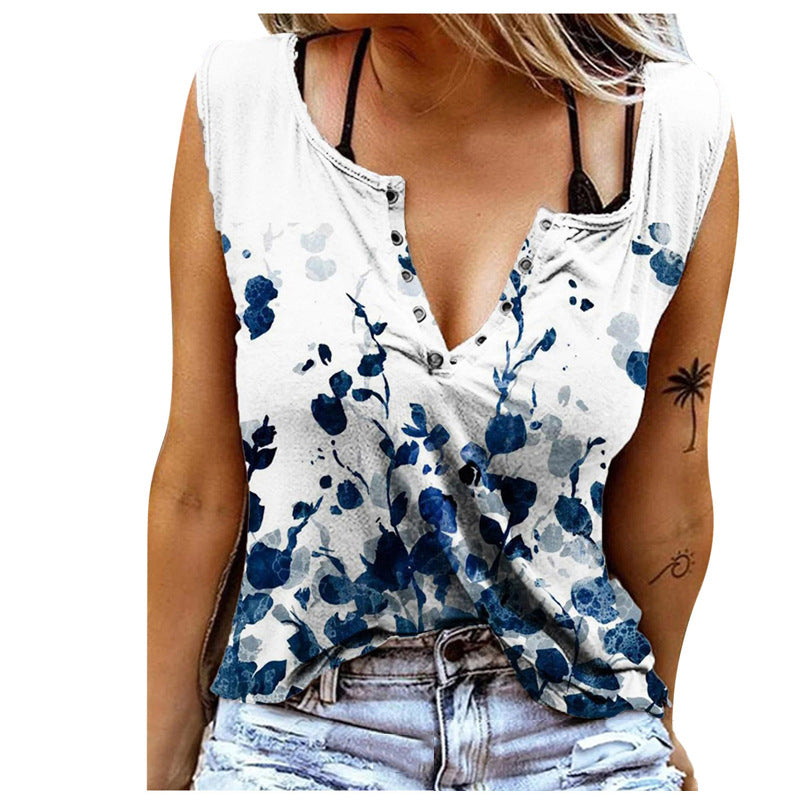 Colorful Floral Print V Neck Cotton-Blend Sleeveless Casual Tops