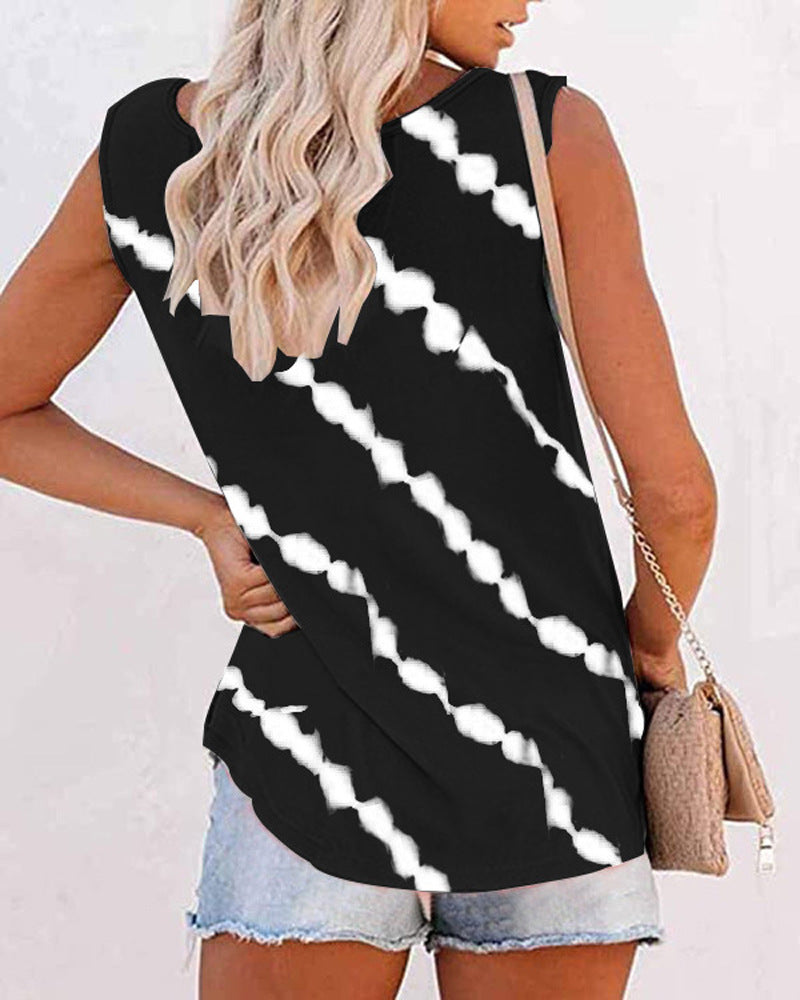 Summer Women O-Neck Loose Tie-Dye Print Buttoned Vest T-Shirt