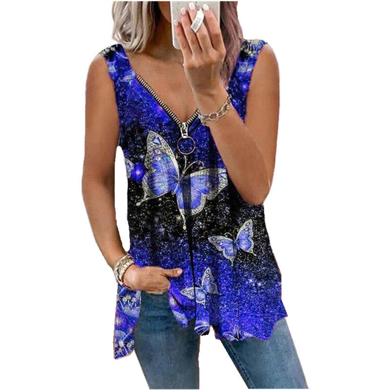 Women V-neck Sexy Vest New Zipper Butterfly Print Loose Vest Summer Plus Size Clothing Fashion Top T-shirt