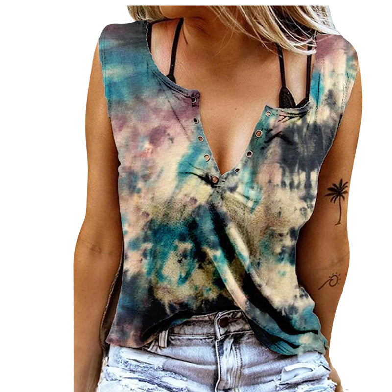 Abstract Print V Neck Cotton-Blend Sleeveless Casual Tops