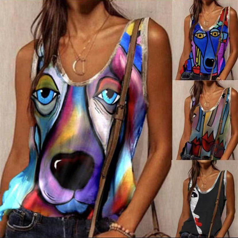 Women Fashion Loose Casual sleeveless Cartoon print Abstract print Round neck Summer vest tank tops camisole