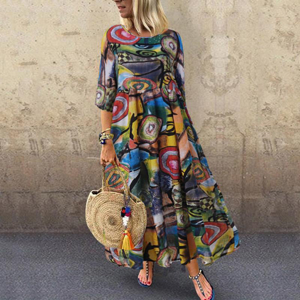 New Women Trendy Summer Plus Size Abstract Print Character Women O-Neck Loose Maxi Dress