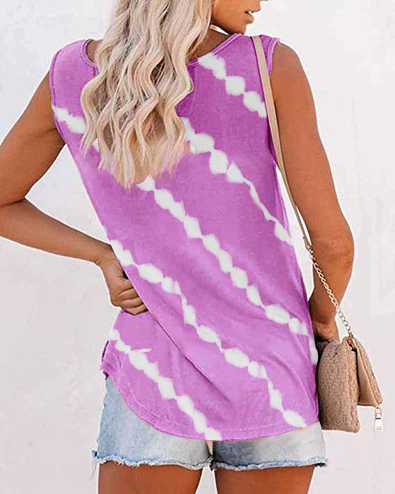 Summer Women O-Neck Loose Tie-Dye Print Buttoned Vest T-Shirt