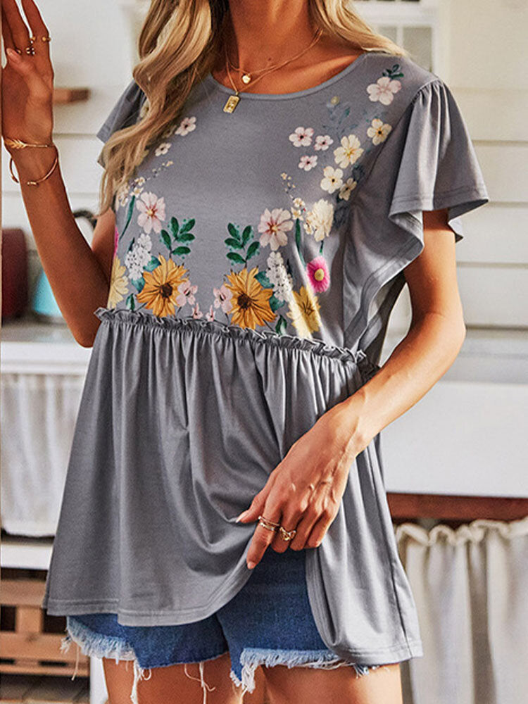 Flower Print Fungus Patchwork O-neck Short Sleeve T-Shirt For Women