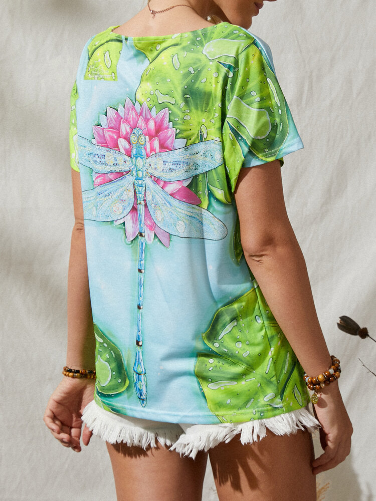 Flower Dragonfly Print V-neck Short Sleeve T-Shirt For Women