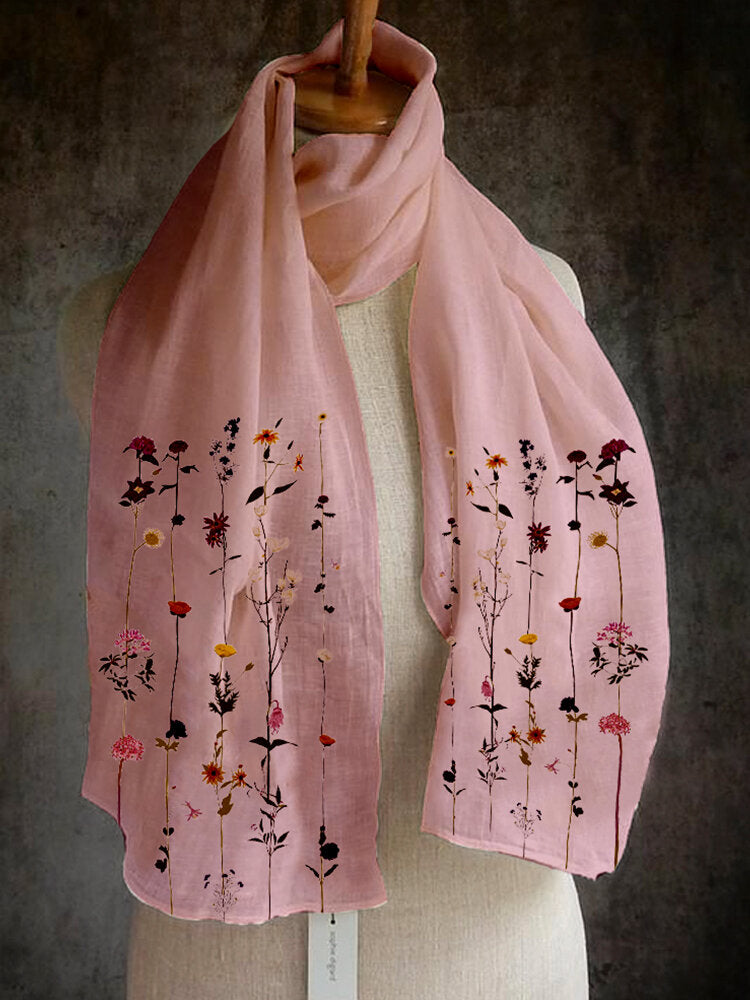 Women Solid Color Printing Pattern Linen Long Scarf Shawl Multi-Purpose Elegant Neck Wrap