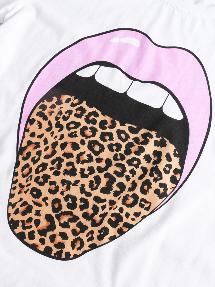 Lips Leopard Print O-neck Short Sleeve Casual T-Shirt For Women