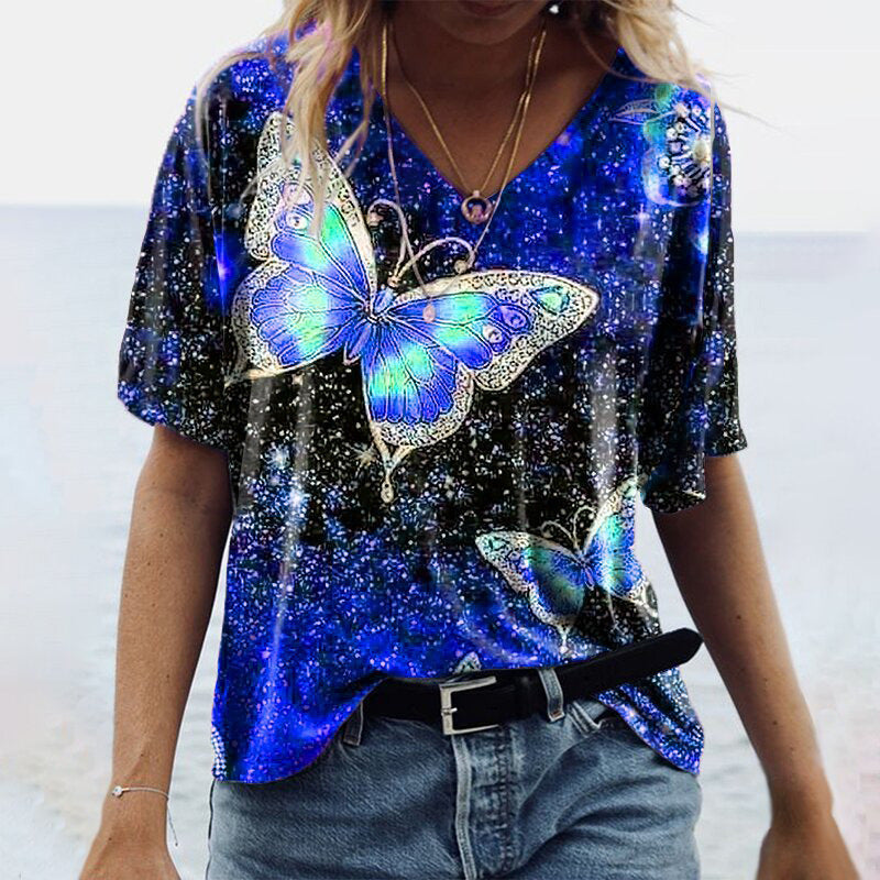 Designer Butterfly V-neck Short-Sleeved Graphic Tees