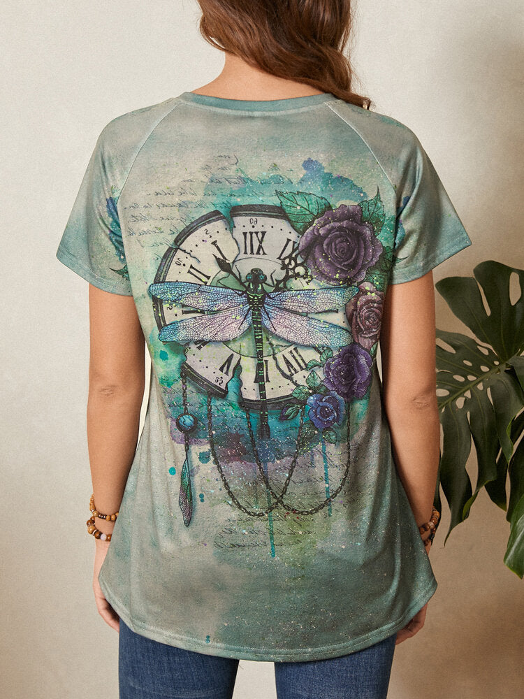 Dragonfly Flower Watch Print O-neck Short Sleeve T-Shirt For Women