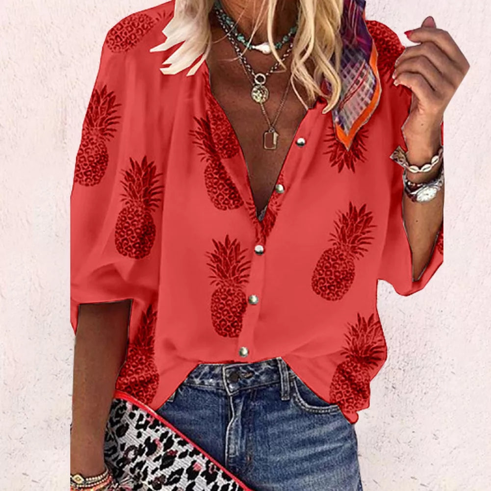 Pineapple Print V-neck Long Sleeve Plus Size Blouse