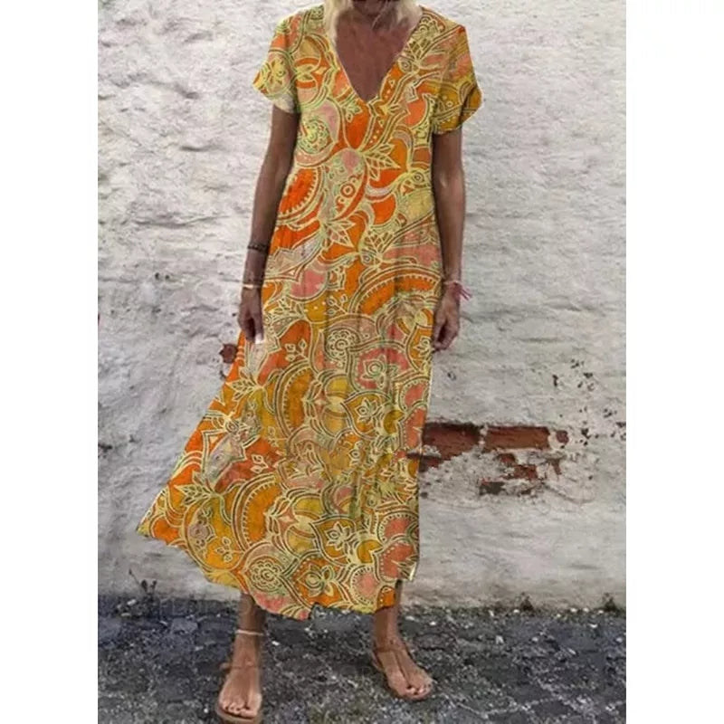 Vintage Summer Short Sleeve Plus Size A-Line Ruffles Maxi Dress Robe Femme