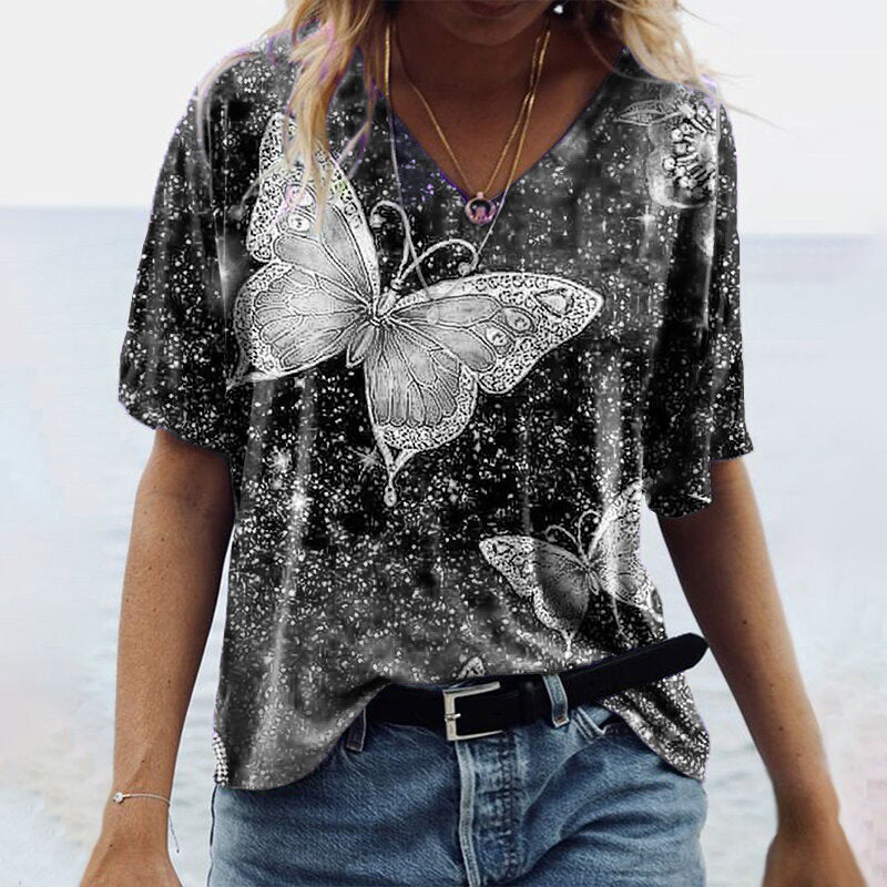 Designer Butterfly V-neck Short-Sleeved Graphic Tees