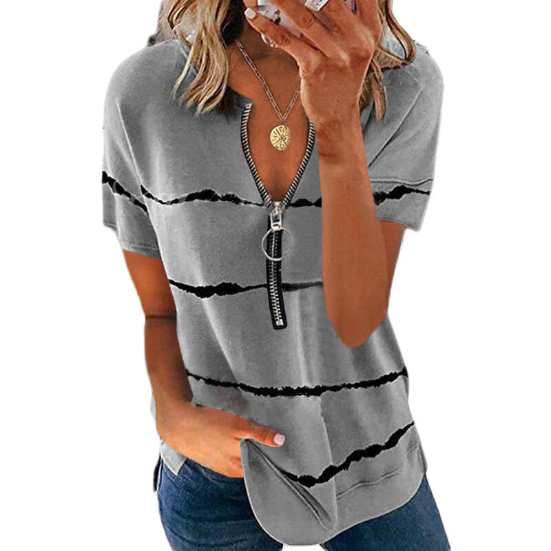 Hot Style Summer Women Loose Short-Sleeved Zipper Printed Striped T-shirt