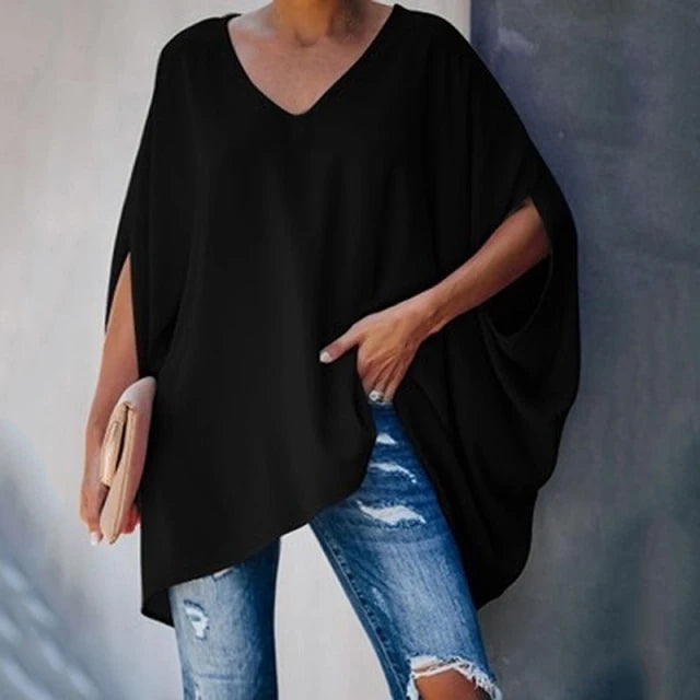 Women Summer Elegant V Neck Solid Long Sleeve Loose Fit Tops