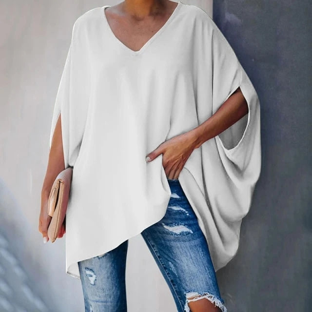 Women Summer Elegant V Neck Solid Long Sleeve Loose Fit Tops