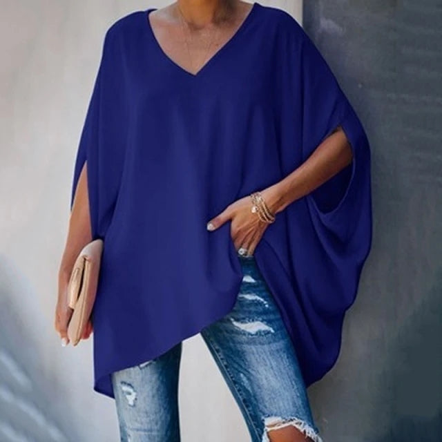 Women Summer Elegant V Neck Solid Long Sleeve Loose Fit Tops