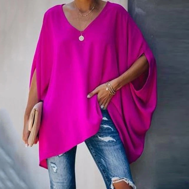 Women Summer Elegant V Neck Solid Long Sleeve Loose Fit Tops