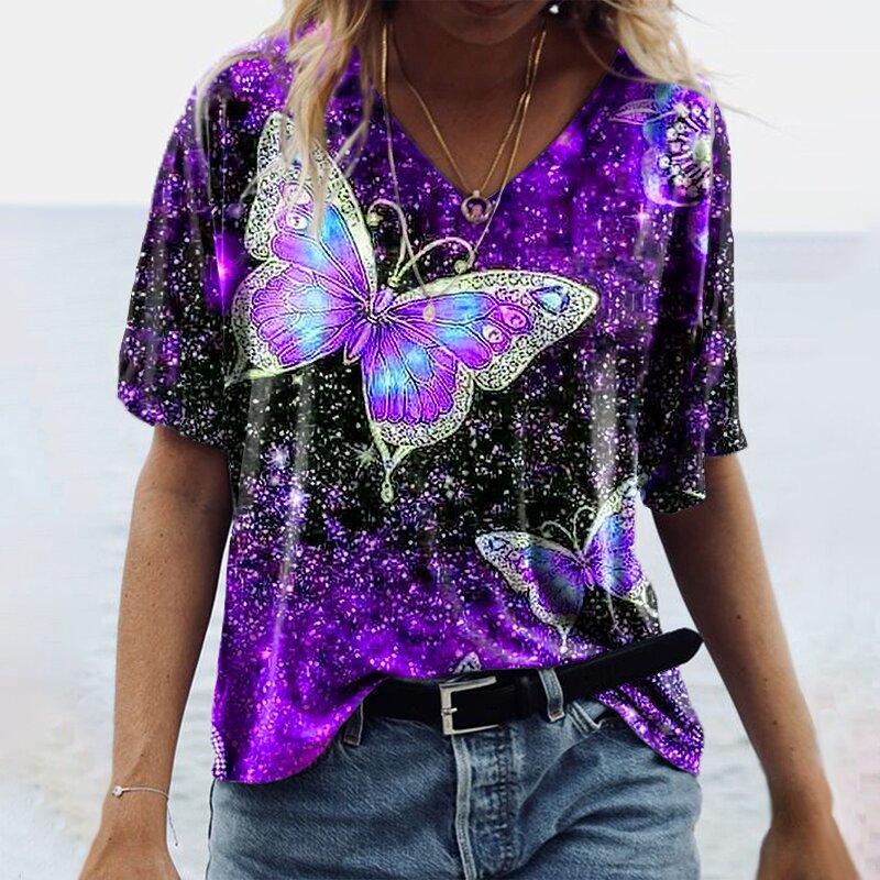 Designer Butterfly V-neck Short-Sleeved Graphic Tees