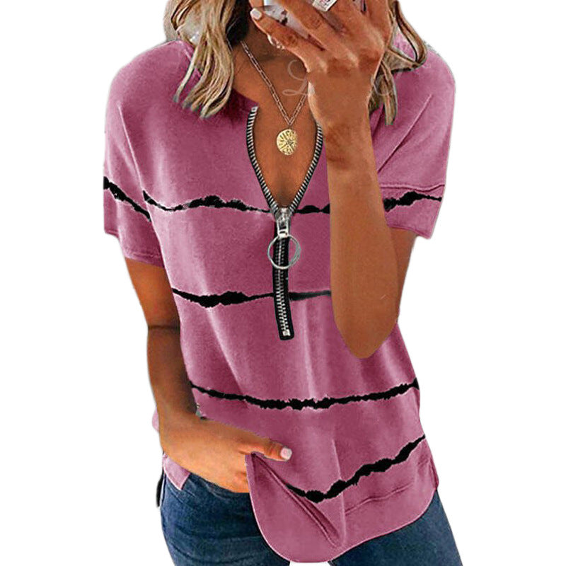 Hot Style Summer Women Loose Short-Sleeved Zipper Printed Striped T-shirt