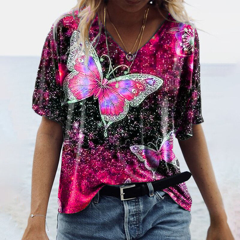 Designer Butterfly V-neck Short-Sleeved Graphic Tees