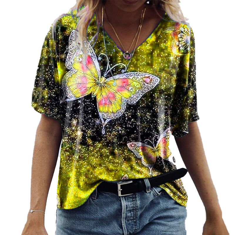 Designer Butterfly V-neck Short-Sleeved Graphic Tees